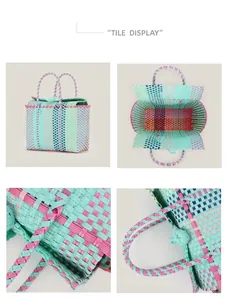 Detailed macro shots of the colorful handwoven plastic basket bag showing texture