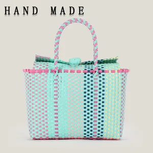 Handmade Woven PVC Handbag Contrast Color Plastic Basket For Women Beach Vacation Picnic Fresh Sweet Style Tote Bag