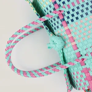 Exquisite colorful handmade woven plastic basket tote bag perfect for beach and picnic