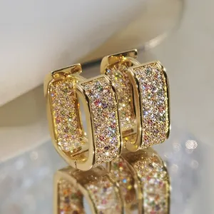 Rectangular Huggie Hoop Earrings Brass With Micro Pave Cubic Zirconia Luxury Fashion Jewelry For Women