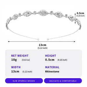 Silver rhinestone thin headband specifications including weight, width, and material.