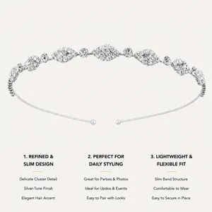 Close-up detail of a minimalist silver slim headband featuring sparkling rhinestone clusters