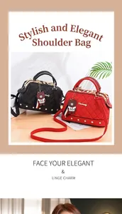 Elegant quilted Boston handbag with cute cartoon bear charm and studded bottom