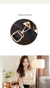 Close-up of golden hardware buckle on black pebbled leather bag with female model view.