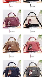 Detail view of quilted faux leather handbags with bear charms in multiple colors