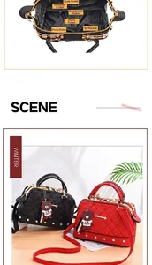 Detailed view of interior pockets and scene of quilted handbag with stylish bear charm