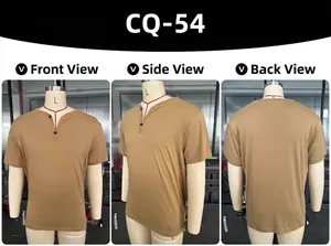 Vues de face, de côté et de dos d'un t-shirt décontracté kaki à col en V pour hommes