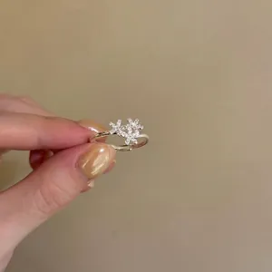 Elegant sparkling zircon flower open ring with adjustable silver band for women