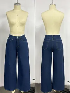 Vue avant et arrière d'un jean bleu foncé à jambes larges et taille haute pour femme sur mannequin