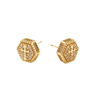 Elegant gold hexagon stud earrings featuring a cross design with sparkling clear crystals