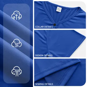 Λεπτομέρειες του μπλε ανδρικού T-shirt με λαιμόκοψη V, γιακά, ύφασμα και ραφές