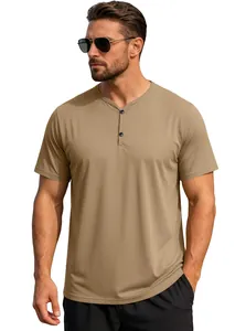 Premium ανδρικό χακί Henley μπλουζάκι με κοντό μανίκι και αναπνεύσιμο ύφασμα για σπορ