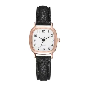 Elegante quadratische Retro-Quarzuhr mit schwarzem Lederarmband und roségoldenem Gehäuse