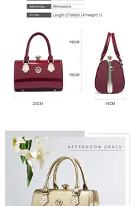 Detailed view of a fashionable patent leather handbag with dimensions and rhinestone closure.