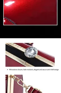 Close-up details of a red patent leather handbag with rhinestone clasp and gold hardware
