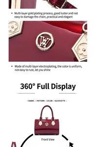Detail of gold-tone W logo on wine red patent leather handbag