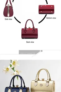 Detailed views of the shiny patent leather handbag from side, bottom, and back angles.