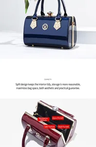 Detail view of the patent leather handbag showing its large capacity internal multi-layer structure