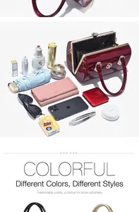 Dark red patent leather handbag with large capacity shown with everyday essentials