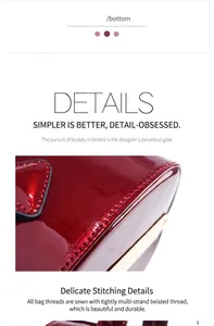 Macro detail view of reinforced stitching on red glossy leather fashion handbag bottom
