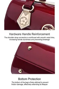 Details of red patent leather handbag showing reinforced hardware and protective bottom studs