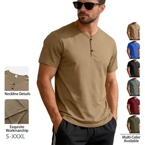 T-Shirt Henley Homme Manches Courtes Polyester Spandex Respirant Col En V Bouton Couleur Unie Slim Fit Haut Mode