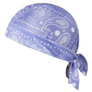 Close-up of purple paisley pirate cap with elastic fabric and sports bandana design.