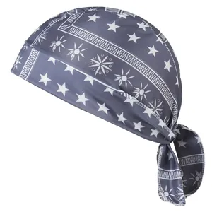 Detailed macro view of the grey elastic fabric pirate bandana cap with white star patterns.