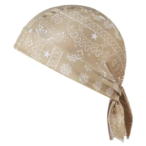 Detailed view of beige paisley pirate durag with snowflake patterns for cycling sports