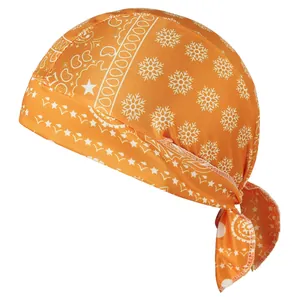 Orange elastic fabric durag with white paisley and snowflake patterns for cycling
