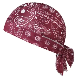 Detailed view of burgundy elastic paisley pirate cap with snowflake patterns for sports
