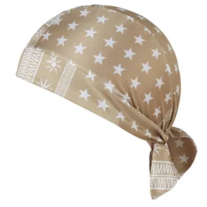 Close-up detail of the white star pattern on a stretch khaki pirate hat bandana