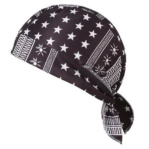 Detailed view of elastic cycling bandana with white stars and geometric patterns