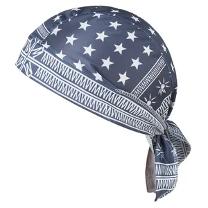 Detailed close-up of a dark blue star-patterned elastic bandana pirate hat with a tie-back.