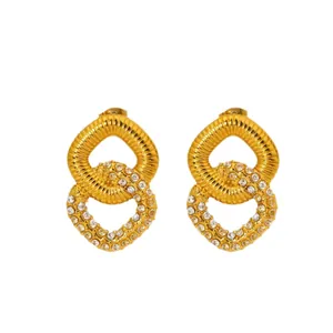 Gold plated stainless steel interlocking loop earrings featuring pave cubic zirconia stones