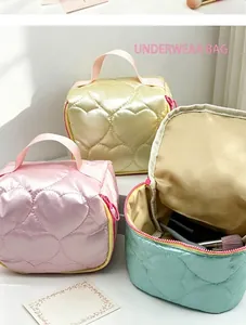 Pastel quilted heart pattern makeup bags with handles for cute travel organization