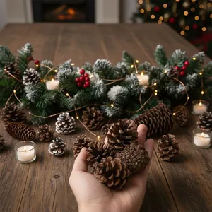 Primer plano de una mano sosteniendo piñas artificiales marrones para decoraciones navideñas