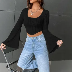 Trendy solid black U-neck crop top featuring elegant long bell sleeves and slim fit design