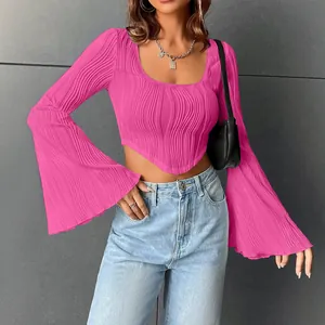 Hot pink U-neck flare sleeve ribbed crop top for women