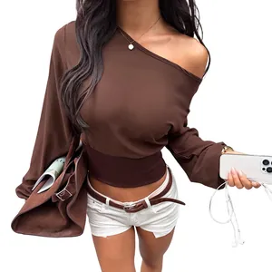 Elegantes braunes schulterfreies Langarm-Chiffon-Top mit elastischer Taille für Damen