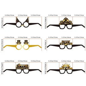 Detailed size specifications for six distinct New Year paper party glasses designs.
