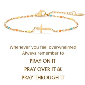 Bracciale a Croce con Perline Colorate Bohemien per Donna in Acciaio Inossidabile Placcato Oro Gioiello Fede Regalo con Carta