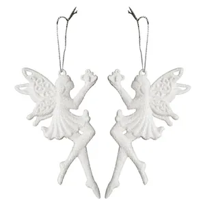 Pair of white flocked fairy angel ornaments with wings and silver hanging threads