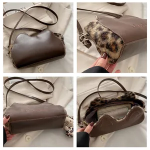 Vues détaillées d'un sac marron en forme de chat avec peluche léopard et broderie Mooduo