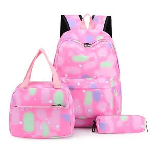 Mignon Sac à Dos Scolaire Ensemble en Nylon pour Filles Étoile Cœur Imprimé Dégradé Arc-en-Ciel Sac Étudiant Avec Trousse Déjeuner