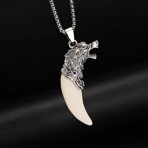 Vintage Stainless Steel Wolf Tooth Pendant Necklace Men Retro Punk Wolf Head Domineering Long Sweater Chain Jewelry Gift