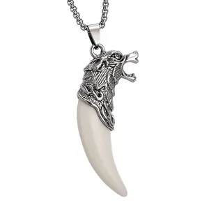 Retro stainless steel wolf head and tusk pendant necklace for men, gothic jewelry style