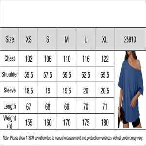 Size chart table for women's casual loose off-shoulder Y2K style blue top t-shirt