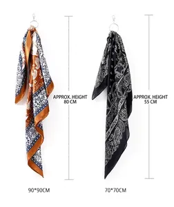 Comparison of 90x90cm and 70x70cm paisley print square silk scarves with dimensions