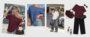 Casual Y2K off-shoulder T-shirt for women with versatile mix and match outfit ideas.